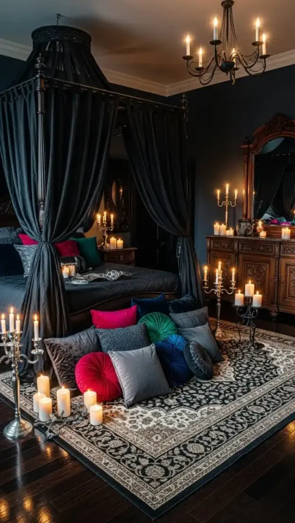 22 Romantic Gothic Home Decor| Dark, Elegant & Moody Ideas 11 Soft Sheer Canopy Bed Drapes