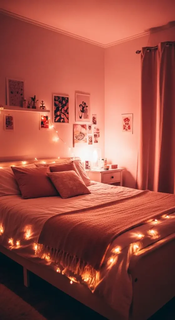 19 Pink Aesthetic Home Decor | Soft, Stylish, and Dreamy Interior Ideas 11 Warm Fairy Lights for a Cozy Pink Glow