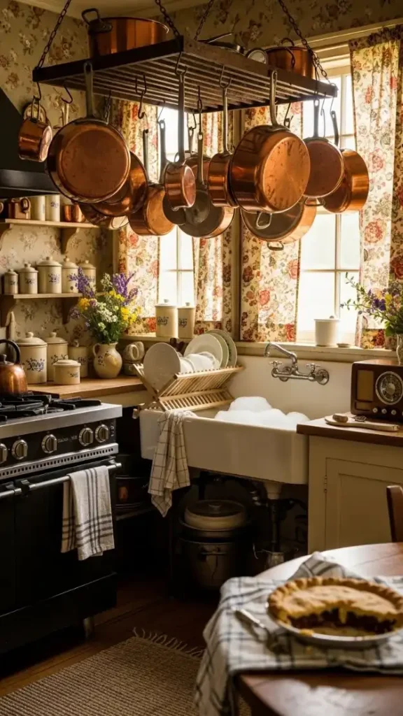 19 Grandmacore Home Decor Kitchen Ideas for Cozy Vintage Style 12 Enamel or Copper Cookware Display