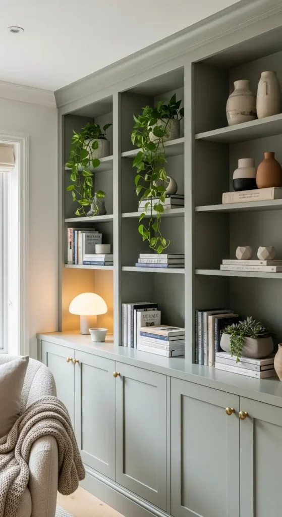 19 Green Aesthetic Home Decor | Fresh & Nature-Inspired Ideas 12 Green Shelving & Open Storage