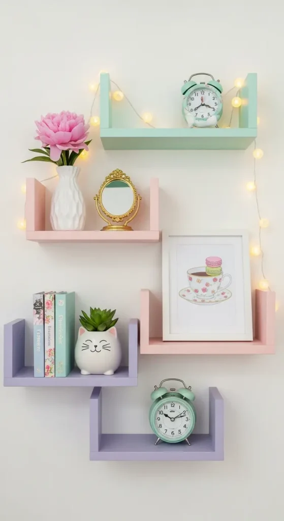20 Girly Quirky Home Decor Ideas for Cute, Playful & Stylish Interiors 12 Pastel Shelving with Cute Decor Pieces