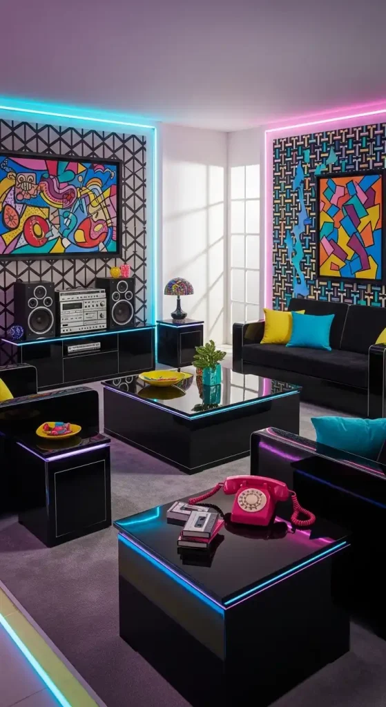 20 80s Aesthetic Home Decor | Retro & Vibrant Ideas 13 Black Lacquered Furniture