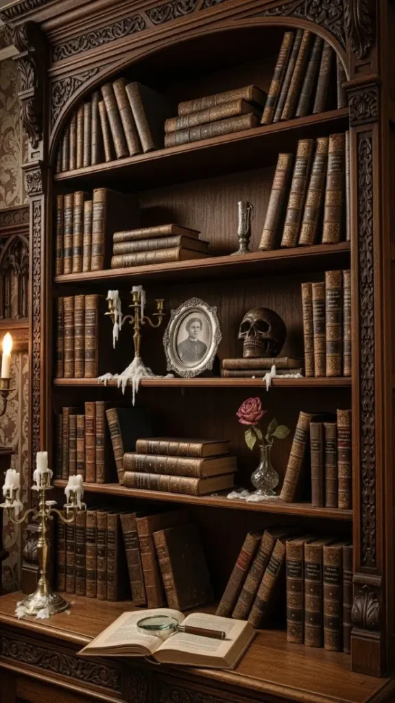 20 Victorian Gothic Home Decor | Dark Elegance Inspired by Timeless Victorian Style 13 Victorian Gothic Bookshelf Styling