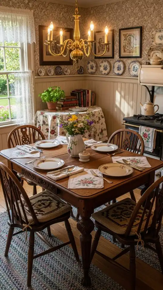 19 Grandmacore Home Decor Kitchen Ideas for Cozy Vintage Style 14 Antique Dining Table or Breakfast Nook