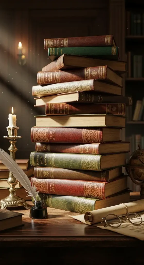 23 Dark Academia Aesthetic Home Decor | Moody & Intellectual Ideas 14 13. Stacked Books as Decor