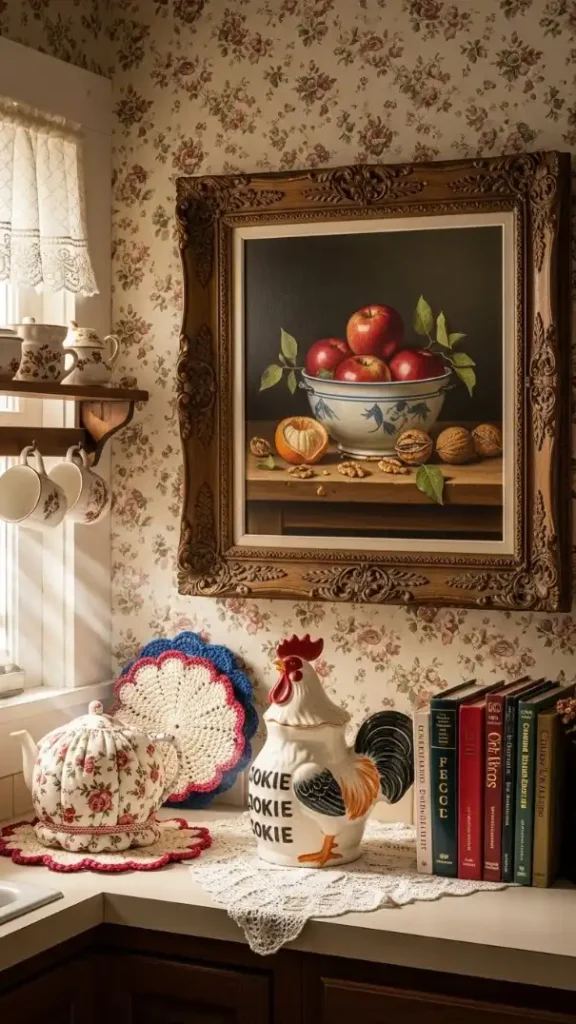 19 Grandmacore Home Decor Kitchen Ideas for Cozy Vintage Style 15 Framed Vintage Kitchen Art