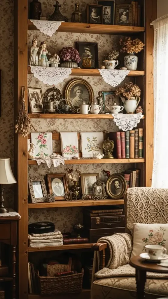 21 Grandmacore Home Interior Ideas for a Cozy, Vintage-Inspired House 15 Open Shelving with Curated Decor