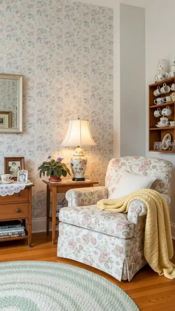 18 Charming Grandmacore Wall Decor Ideas for a Cozy Vintage Home 16 Floral Wallpaper Accent Wall