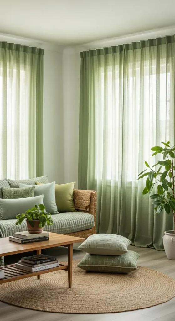 19 Green Aesthetic Home Decor | Fresh & Nature-Inspired Ideas 16 Green Curtains & Window Treatments