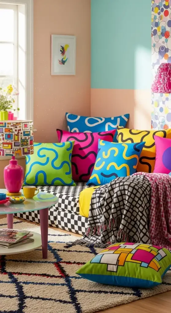 20 80s Aesthetic Home Decor | Retro & Vibrant Ideas 18 Bold Cushions & Throws
