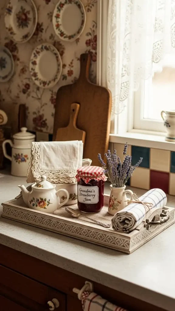 19 Grandmacore Home Decor Kitchen Ideas for Cozy Vintage Style 18 Decorative Trays on Counters