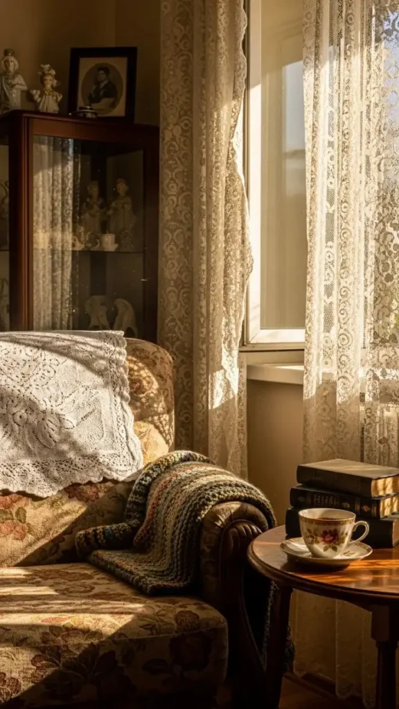 21 Grandmacore Home Interior Ideas for a Cozy, Vintage-Inspired House 20 Sheer or Lace Curtains