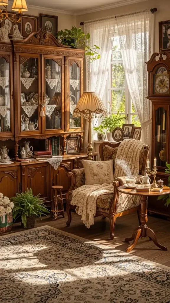 21 Grandmacore Home Interior Ideas for a Cozy, Vintage-Inspired House 3 Antique Wooden Furniture Pieces