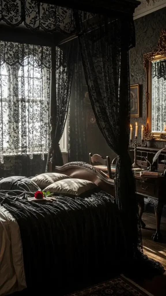 22 Romantic Gothic Home Decor| Dark, Elegant & Moody Ideas 3 Black Lace Curtains