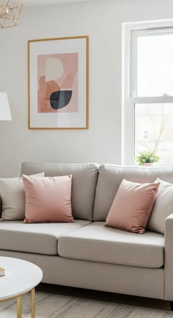 19 Pink Aesthetic Home Decor | Soft, Stylish, and Dreamy Interior Ideas 3 Blush Pink Cushions on a Neutral Sofa