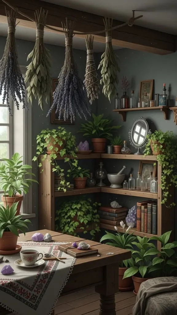 21 Practical Magic Aesthetic Home Decor | Enchanting Ideas for Mystical Spaces 3 Herb Bundles and Hanging Plants
