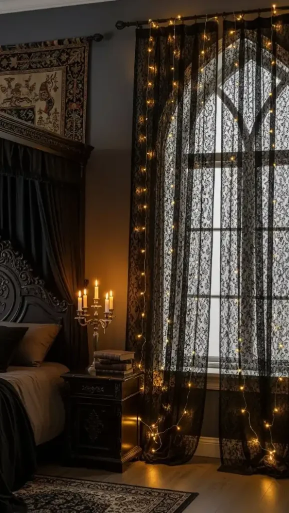 22 Romantic Gothic Home Decor| Dark, Elegant & Moody Ideas 21 Moody Fairy Lights