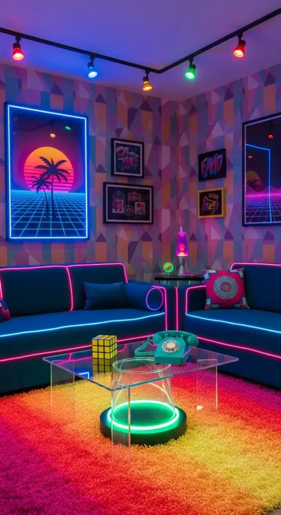 20 80s Aesthetic Home Decor | Retro & Vibrant Ideas 21 Neon-Trimmed Furniture