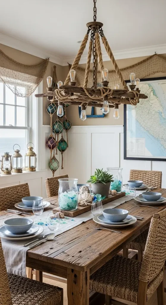 21 Fisherman Aesthetic Home Decor | Nautical & Coastal Ideas 21 Rustic Coastal Dining Area