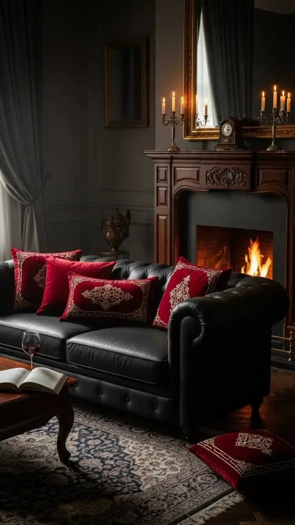 22 Romantic Gothic Home Decor| Dark, Elegant & Moody Ideas 4 Deep Red Velvet Throw Pillows