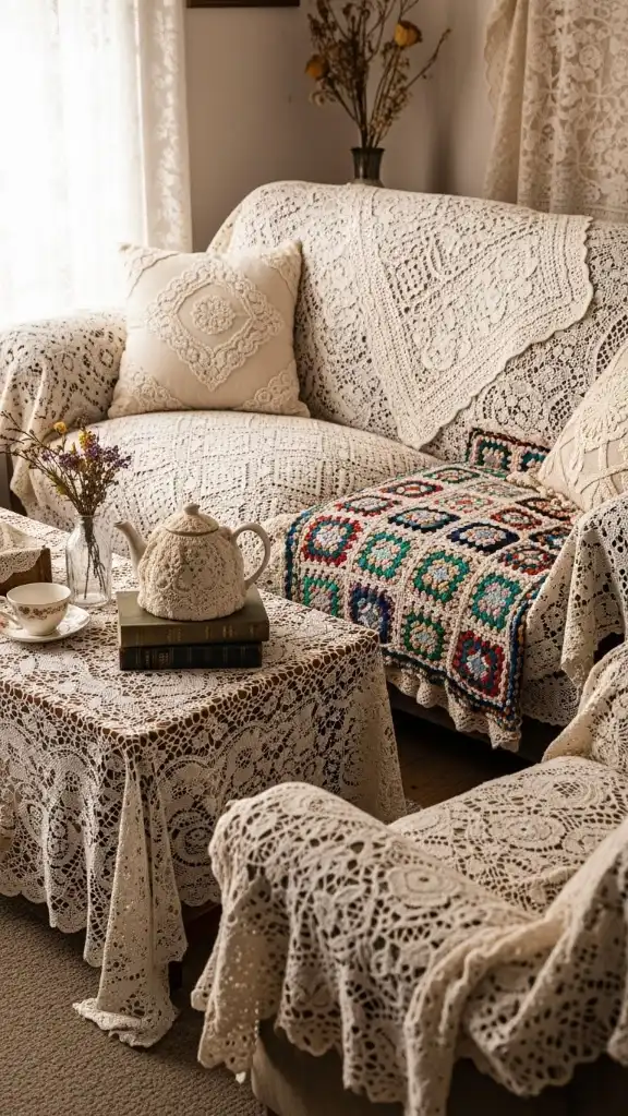 21 Grandmacore Home Interior Ideas for a Cozy, Vintage-Inspired House 4 Lace and Crochet Textile Details