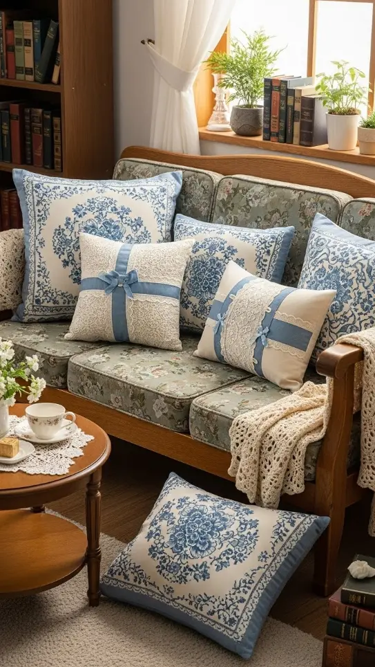 25 Grandmacore Home Decor Blue Ideas for Cozy Vintage Charm 6 Blue Patterned Cushions