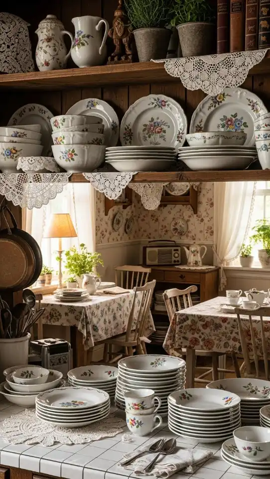 19 Grandmacore Home Decor Kitchen Ideas for Cozy Vintage Style 6 Ceramic Dishware Display