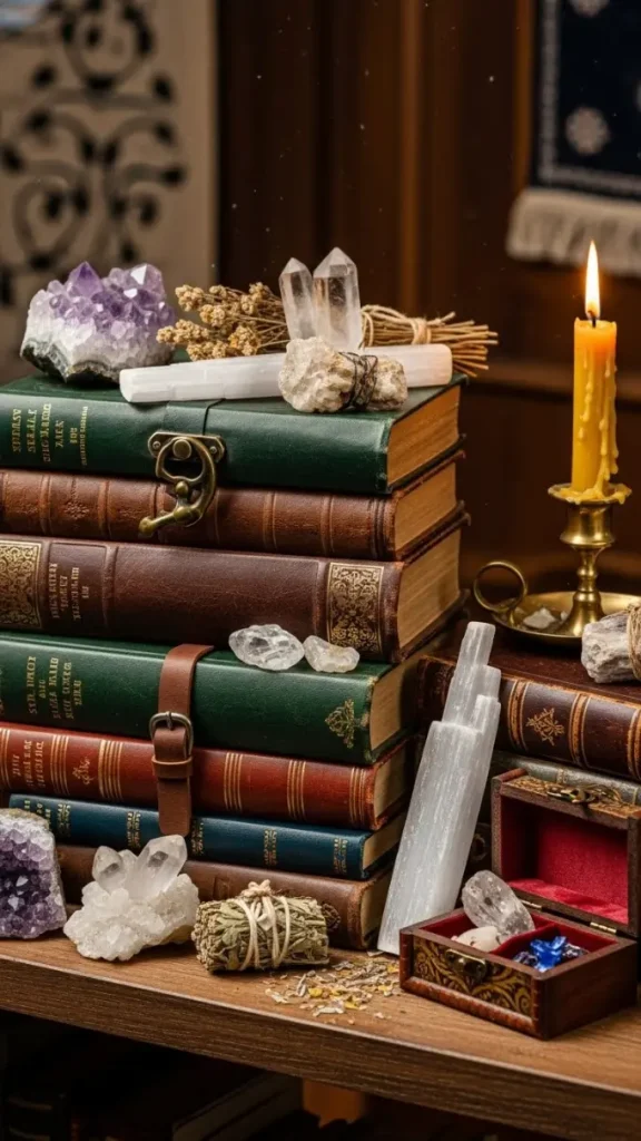 21 Practical Magic Aesthetic Home Decor | Enchanting Ideas for Mystical Spaces 6 Spell Books and Journals