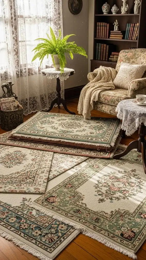 21 Grandmacore Home Interior Ideas for a Cozy, Vintage-Inspired House 7 Layered Rugs for Cozy Floors