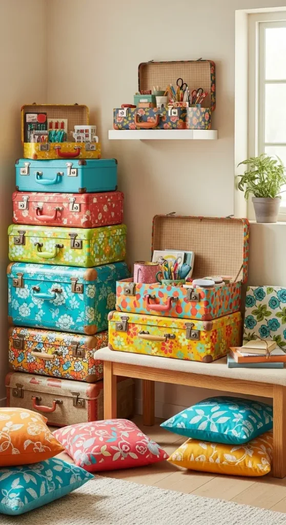 23 Quirky Home Decor Upcycling Funky Junk Interiors | Creative Ideas 9 Painted Old Suitcases as Storage