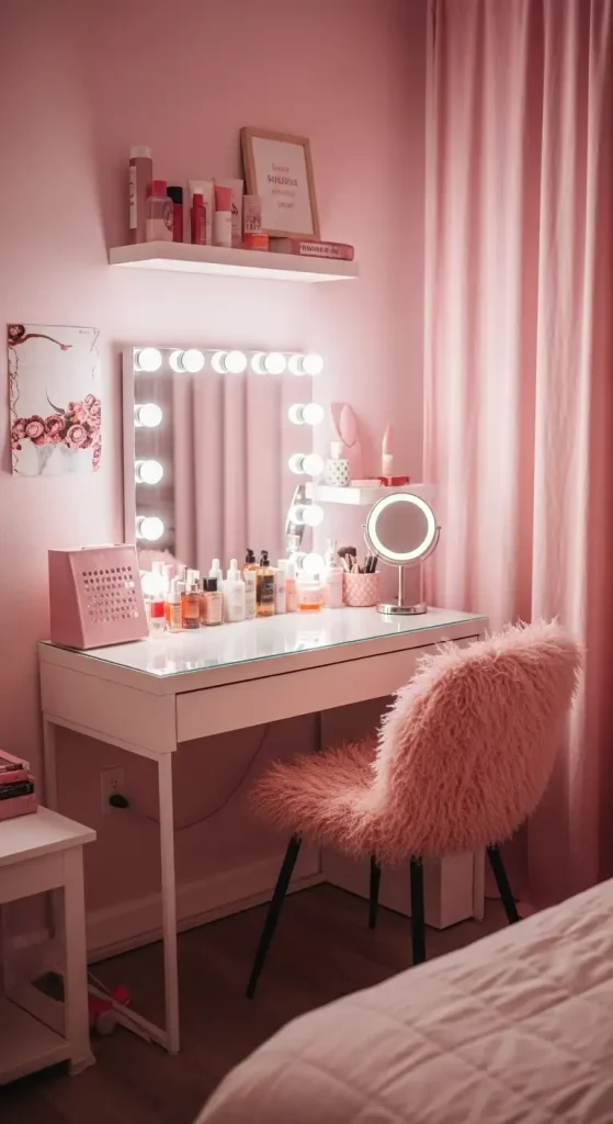 19 Pink Aesthetic Home Decor | Soft, Stylish, and Dreamy Interior Ideas 9 Pink Vanity Setup with Soft Lighting