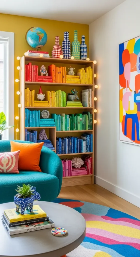 21 Quirky Home Decor Living Room Creative Ideas for a Unique & Stylish Space 10 Colorful Bookshelf Styling