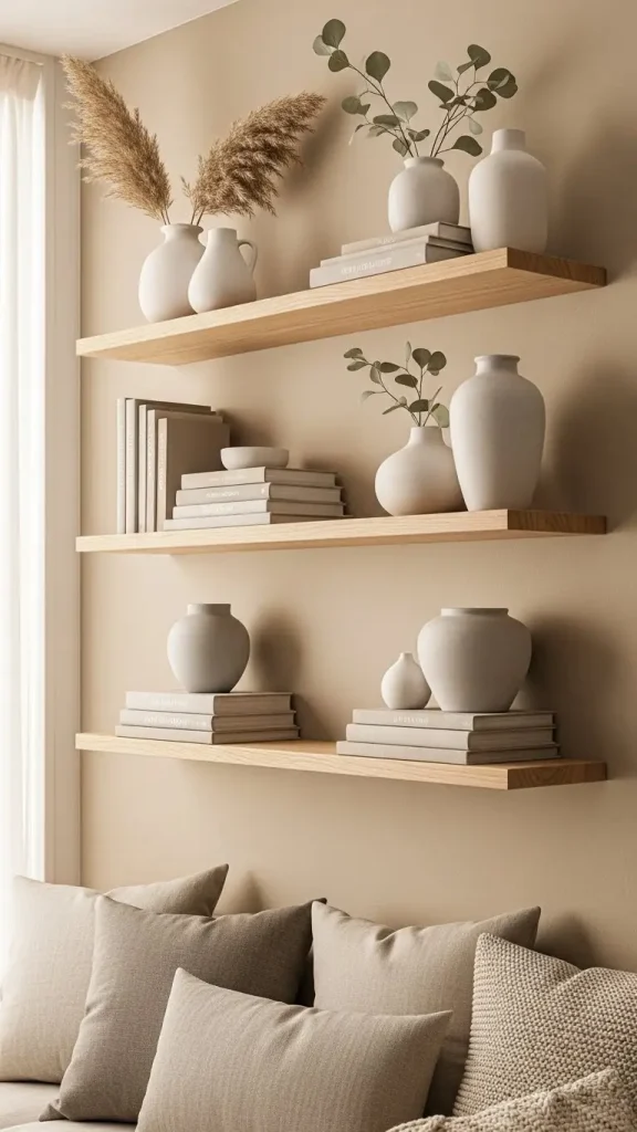 21 Neutral Aesthetic Home Decor | Serene & Stylish Ideas 10 Floating Shelves in Wood or White