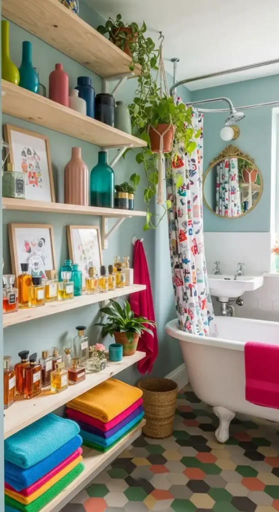 22 Bold & Inspiring Quirky Home Decor Bathroom Ideas for a Fun and Creative Space 11 Open Shelving with Quirky Decor Pieces