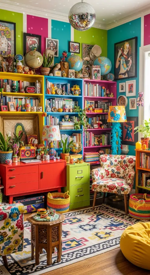 21 Maximalist Quirky Home Decor Ideas to Transform Your Space 12 Colorful Bookshelves and Storage Units
