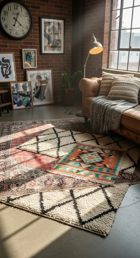 21 Industrial Quirky Home Decor | Creative Ideas for Bold Urban Interiors 13 Layered Rugs to Soften Industrial Floors