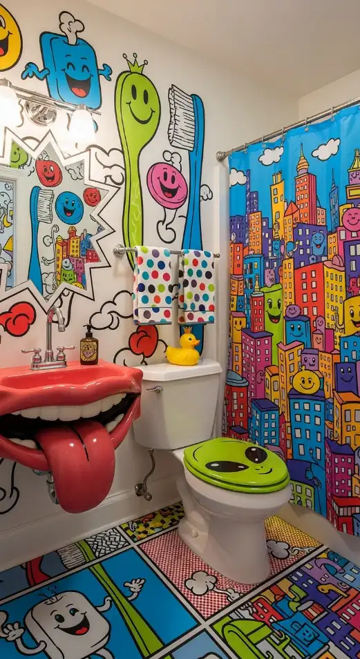 22 Bold & Inspiring Quirky Home Decor Bathroom Ideas for a Fun and Creative Space 22 Cartoon or Graphic-Themed Bathrooms