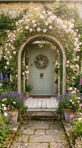 18 Spring Front Porch Ideas - Wildflower Cottage Style 1 1. Climbing Roses Over a Wooden Arch Trellis