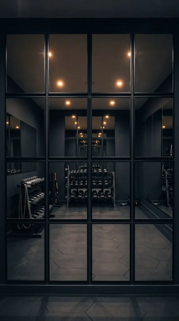 18 Home Gym Mirror Ideas With Black Frame Wall That Creates Infinite Space Illusion 1 1. Full Wall Black Frame Grid From Floor to Ceiling