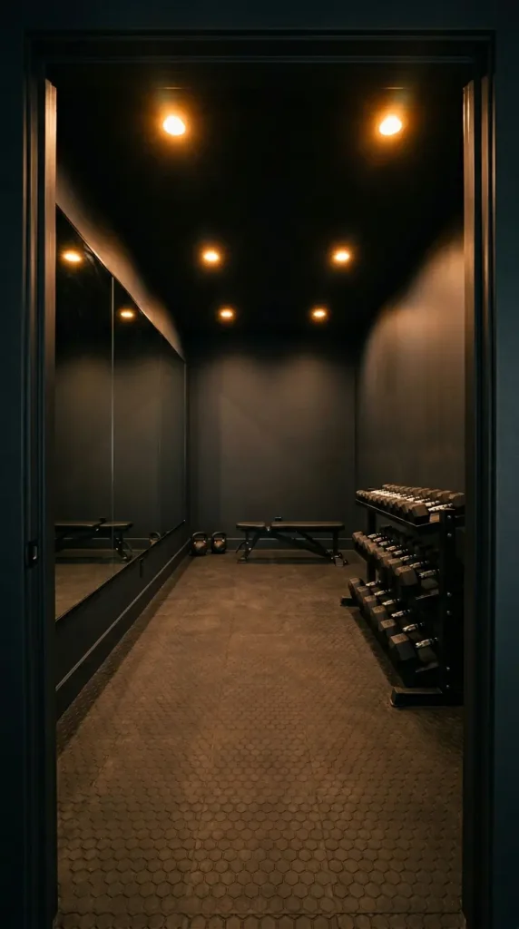 20 Luxury Home Gym Ideas - Dark Boutique Fitness Studio 1 Paint Every Wall in Deep Charcoal or Off-Black Matte