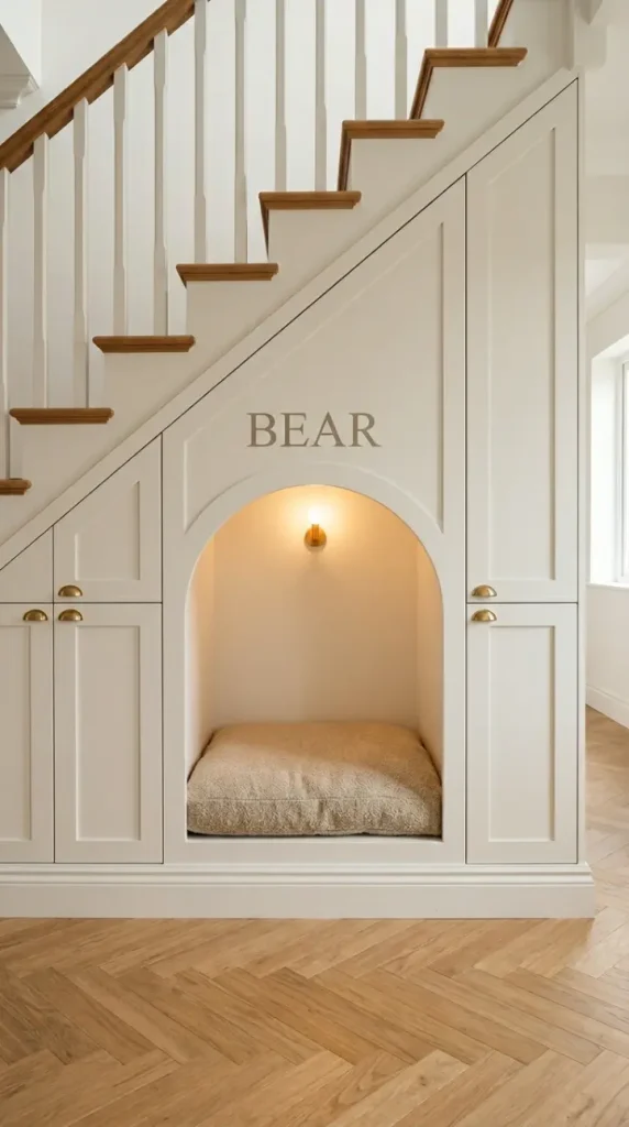 20 Staircase Storage Ideas With a Luxury Pet Nook Build 1 1. The Full Luxury Pet Nook Build With Arched Opening
