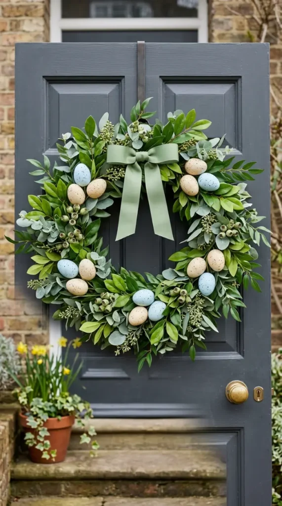 22 Cutest Easter Home Decor Speckled Egg Front Door Wreath 10 Speckled Egg and Boxwood Wreath