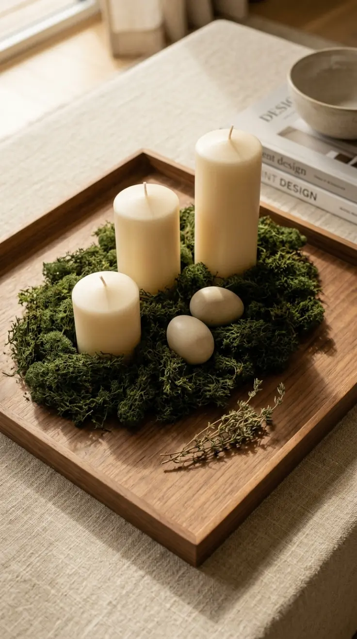 22 Classy Easter Decor Ideas That Feel Quietly Luxurious 10 10. Stacked Wooden Tray Vignette With Candles and Moss