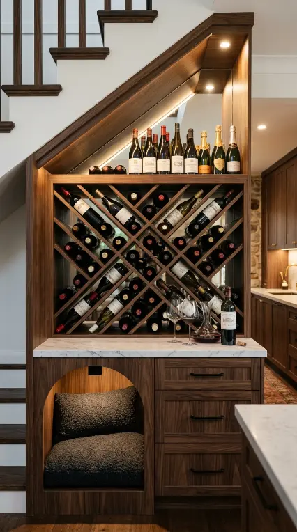 20 Staircase Storage Ideas With a Luxury Pet Nook Build 10 10. Under-Stair Wine Storage With Integrated Pet Corner
