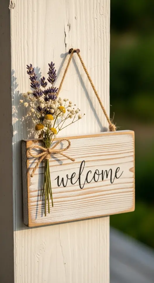 18 Spring Front Porch Ideas - Wildflower Cottage Style 10 10. Wildflower Wreath Welcome Sign on Porch Post
