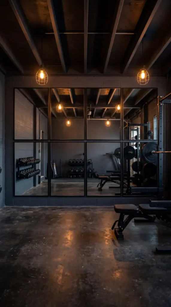 18 Home Gym Mirror Ideas With Black Frame Wall That Creates Infinite Space Illusion 11 11. Black Frame Mirror Wall in a Garage Home Gym Conversion