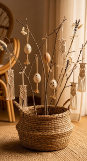22 Cutest Easter Home Decor Easter Tree Statement Piece 11 Bohemian Macrame and Egg Easter Tree