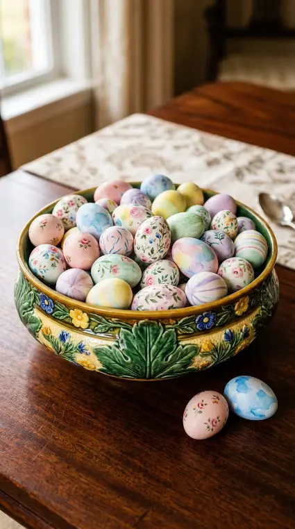 22 Cutest Easter Home Decor - Grandmillennial Chintz Style 11 11. Fill an Antique Majolica Bowl With Painted Easter Eggs