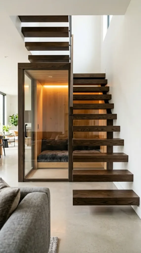 20 Staircase Storage Ideas With a Luxury Pet Nook Build 11 11. Floating Stair Tread Storage Combination With Under-Stair Pet Den