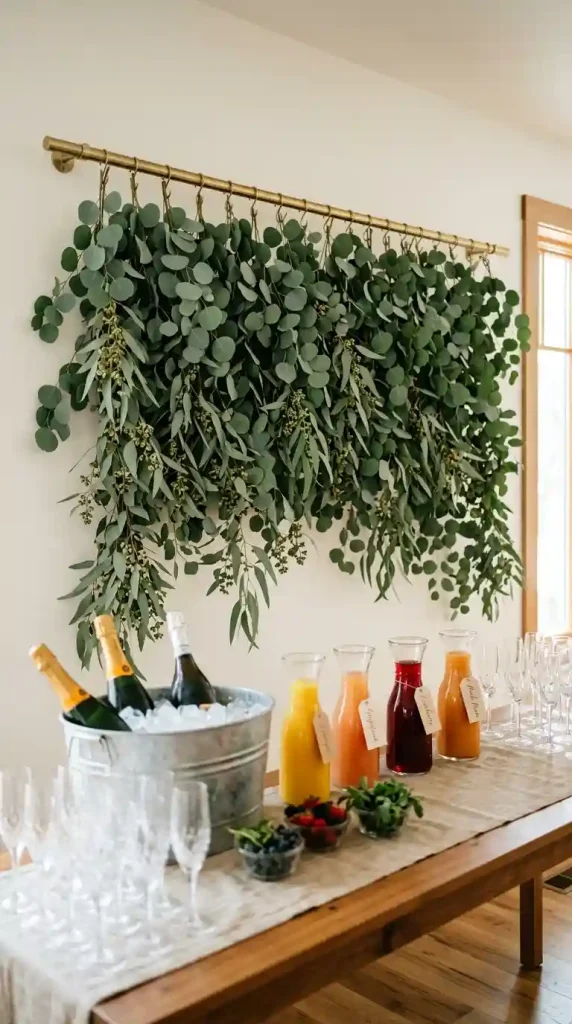 18 DIY Spring Party Decor Ideas - Elevated Mimosa Bar Setup 11 11. Hang a Botanical Backdrop for the Bar Wall